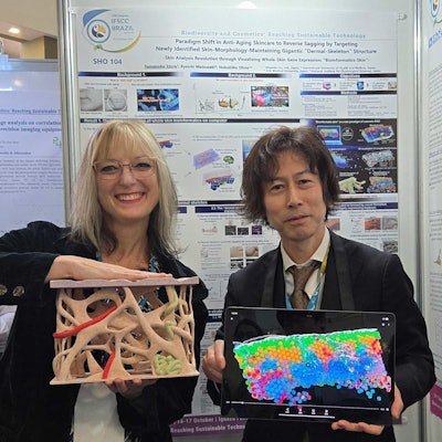 From L: Rachel Grabenhofer, C&T, gets a hands-on lesson during the poster session from Shiseido's Tomonobu Ezure, Ph.D., about a new approach to reverse skin sagging: by targeting a newly identified 'Skin Morphology-Maintaining Gigantic 'Dermal-Skeleton' Structure.'