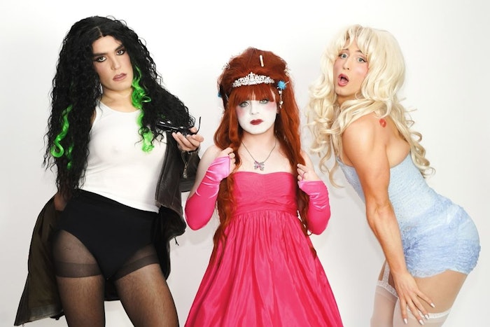 Terrence O'Connor dressed as Charli XCX, Jake Shane dressed as Chappell Roan and Benito Skinner dressed as Sabrina Carpenter.