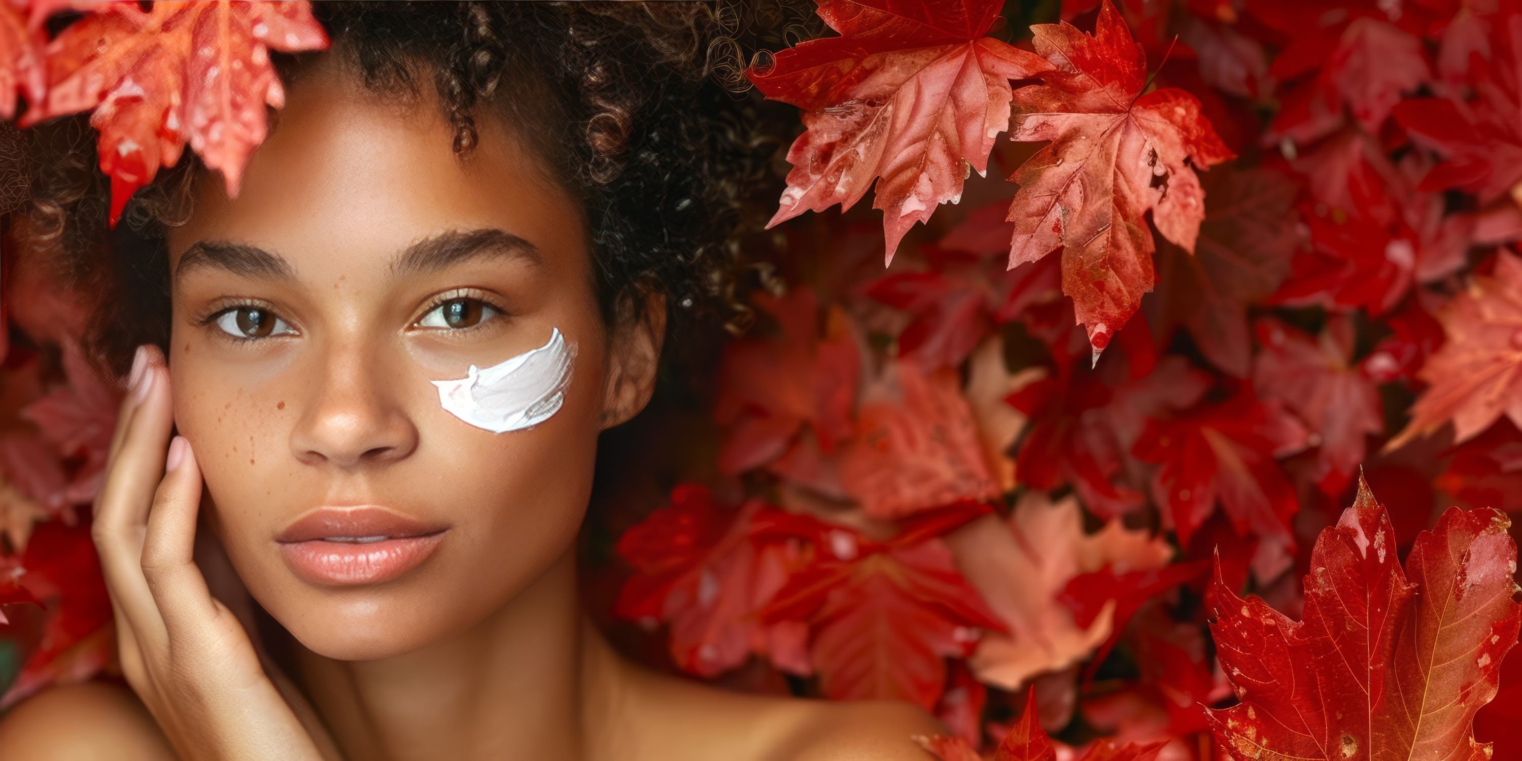 Model with flawless skin applying skincare in an autumn leaves setting for Fall