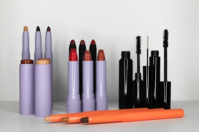 MPlus’ Pop & Play Soft lip crayon offers a velvety matte finish and keeps lips hydrated all day. The crayons are pictured here, along with other formulations from the contract manufacturers' Pop & Play collection.
