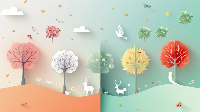 Minimalist illustration of four trees representing the seasons with a deer and falling leaves