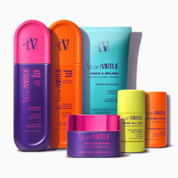 Photo of brightly colored skin care bottles showing different Vice & Virtue products