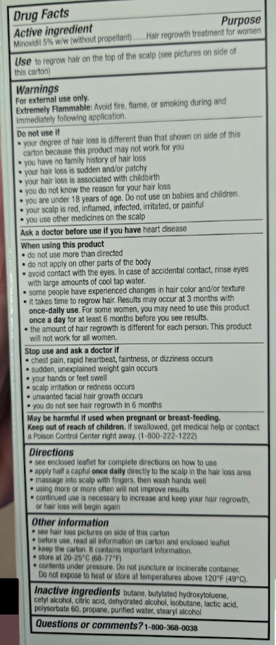 Hers hair growth treatment ingredient disclosure and back label