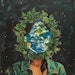 A sketch that features a person wearing a jean jacket. The person's face is the Earth, and there's a plant crown wrapped around their head.