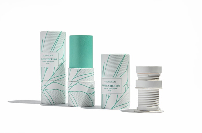 Cosmogen's all-paper Paper Stick offers a sustainable solution for anhydrous cosmetic formulas, combining luxury and eco-friendliness.