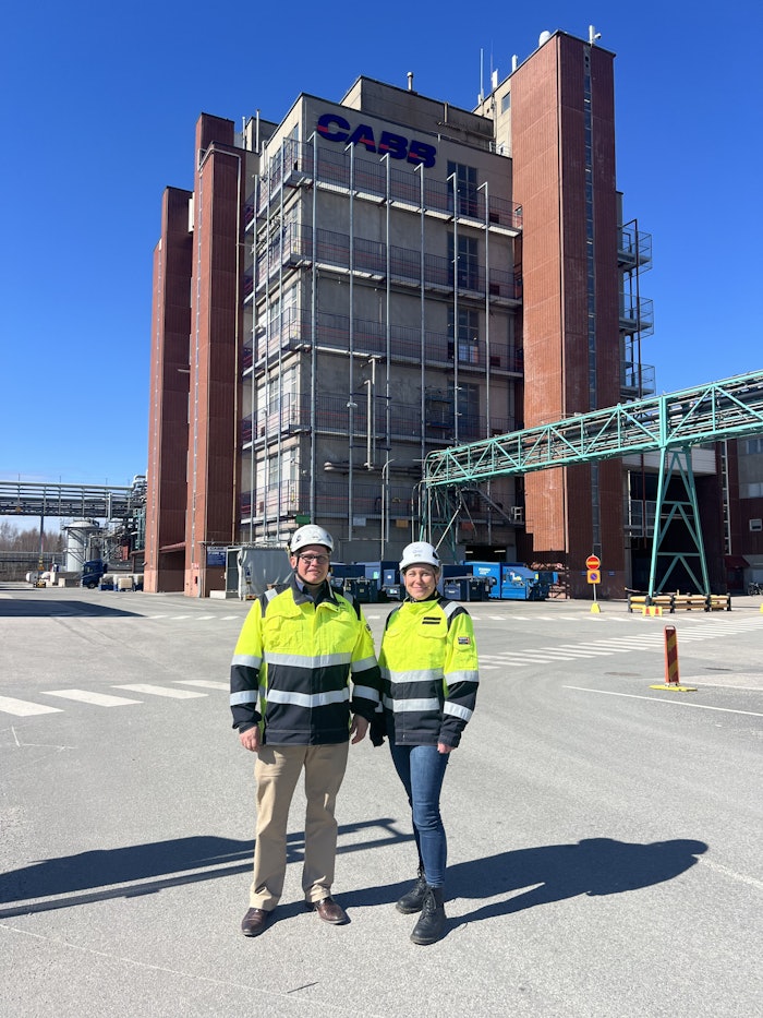 Ari Venninen, managing director at CABB, and Annukka Tarvainen, technology and investment director activist, Origin by Ocean, at CABB site in Kokkola, Finland