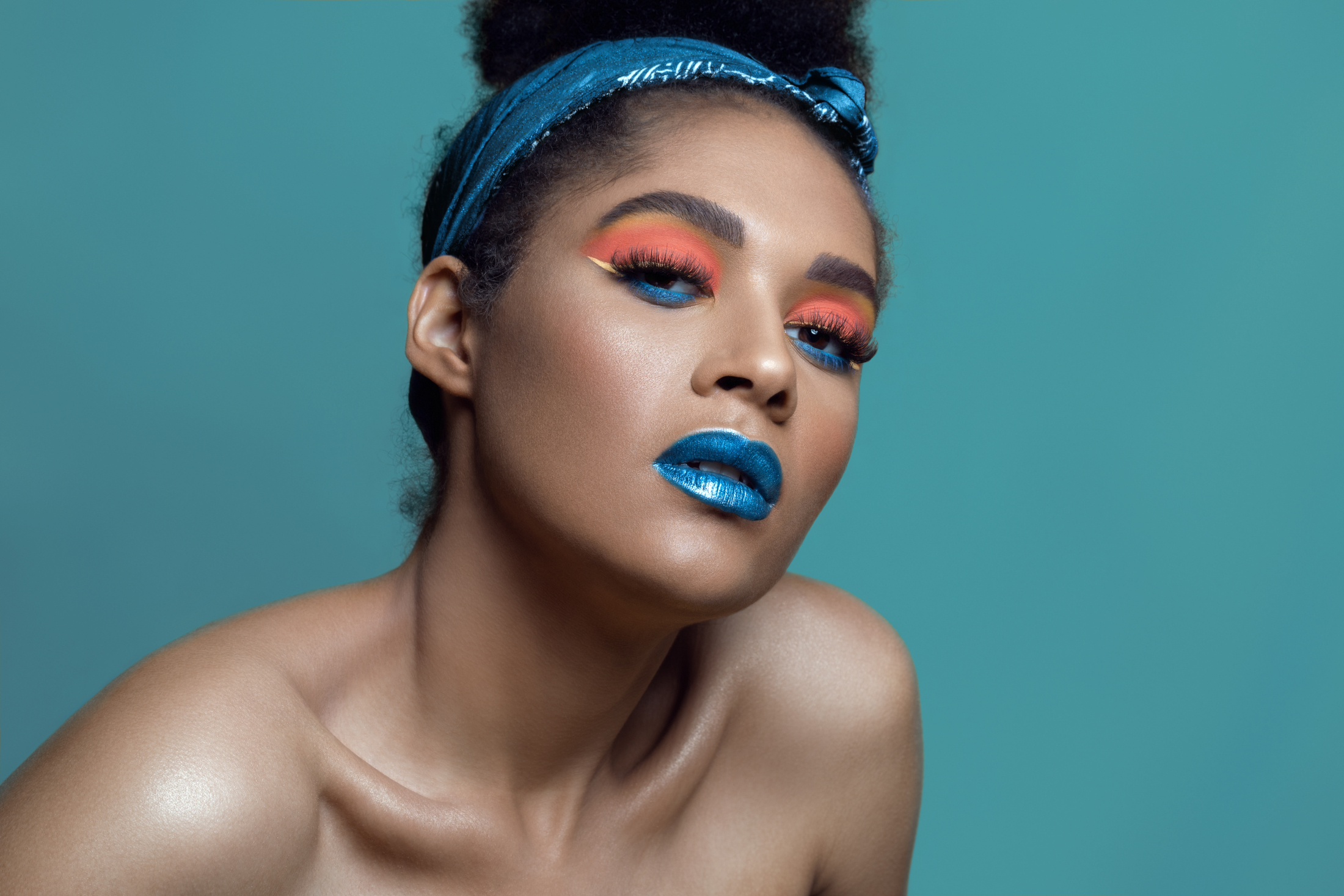 Beautiful Black Woman Bold Makeup Teal Lips Orange Eyeshadow Adobe Stock 253925982