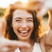 Happy Woman Smiling Laughing Framing Face With Fingers Outside Sunlight Backlit Adobe Stock 758768316