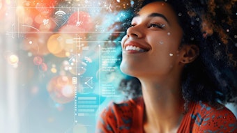 Woman Happy Relaxed Future Digital Tech In Background Adobe Stock 897529270
