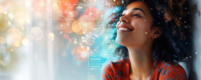 Woman Happy Relaxed Future Digital Tech In Background Adobe Stock 897529270