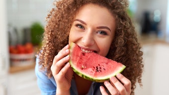 Woman Cute Curly Hair Eating Watermelon Nutricosmetic Concept Adobe Stock 288870058