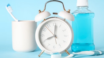 Clock Toothbrush Mouthwash Blue Background Adobe Stock 1352350501