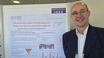 Yannick Quesnel, Ph.D., chief scientific officer and co-founder of Kokuma srl, presents the company's next-gen skin brightener during the IFSCC 2025 Congress poster sessions.