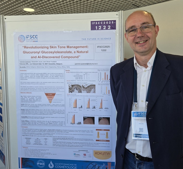 Yannick Quesnel, Ph.D., chief scientific officer and co-founder of Kokuma srl, presents the company's next-gen skin brightener during the IFSCC 2025 Congress poster sessions.