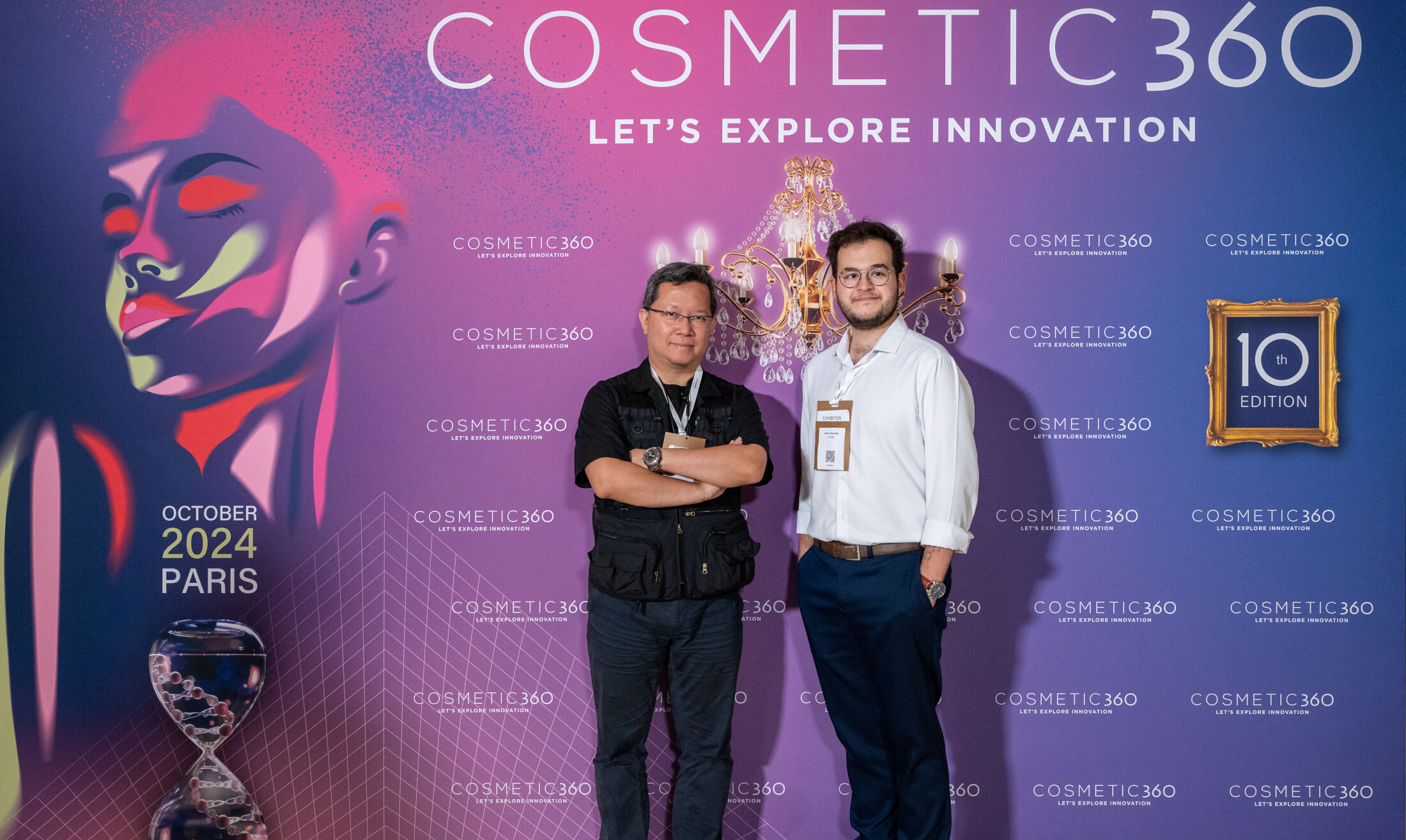 (from L): Edwin Hwu, Ph.D., chief science officer, and Arthur Dervillez, Ph.D., chief executive officer, both of Loretta, during the Cosmetic 360 event in 2024. The company was honored as the 2025 Cosmetic Victories winner in the industrial category.