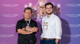 (from L): Edwin Hwu, Ph.D., chief science officer, and Arthur Dervillez, Ph.D., chief executive officer, both of Loretta, during the Cosmetic 360 event in 2024. The company was honored as the 2025 Cosmetic Victories winner in the industrial category.