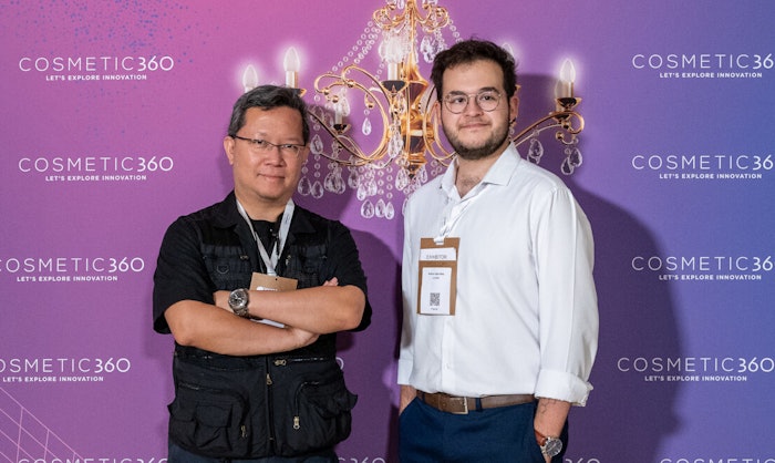 (from L): Edwin Hwu, Ph.D., chief science officer, and Arthur Dervillez, Ph.D., chief executive officer, both of Loretta, during the Cosmetic 360 event in 2024. The company was honored as the 2025 Cosmetic Victories winner in the industrial category.