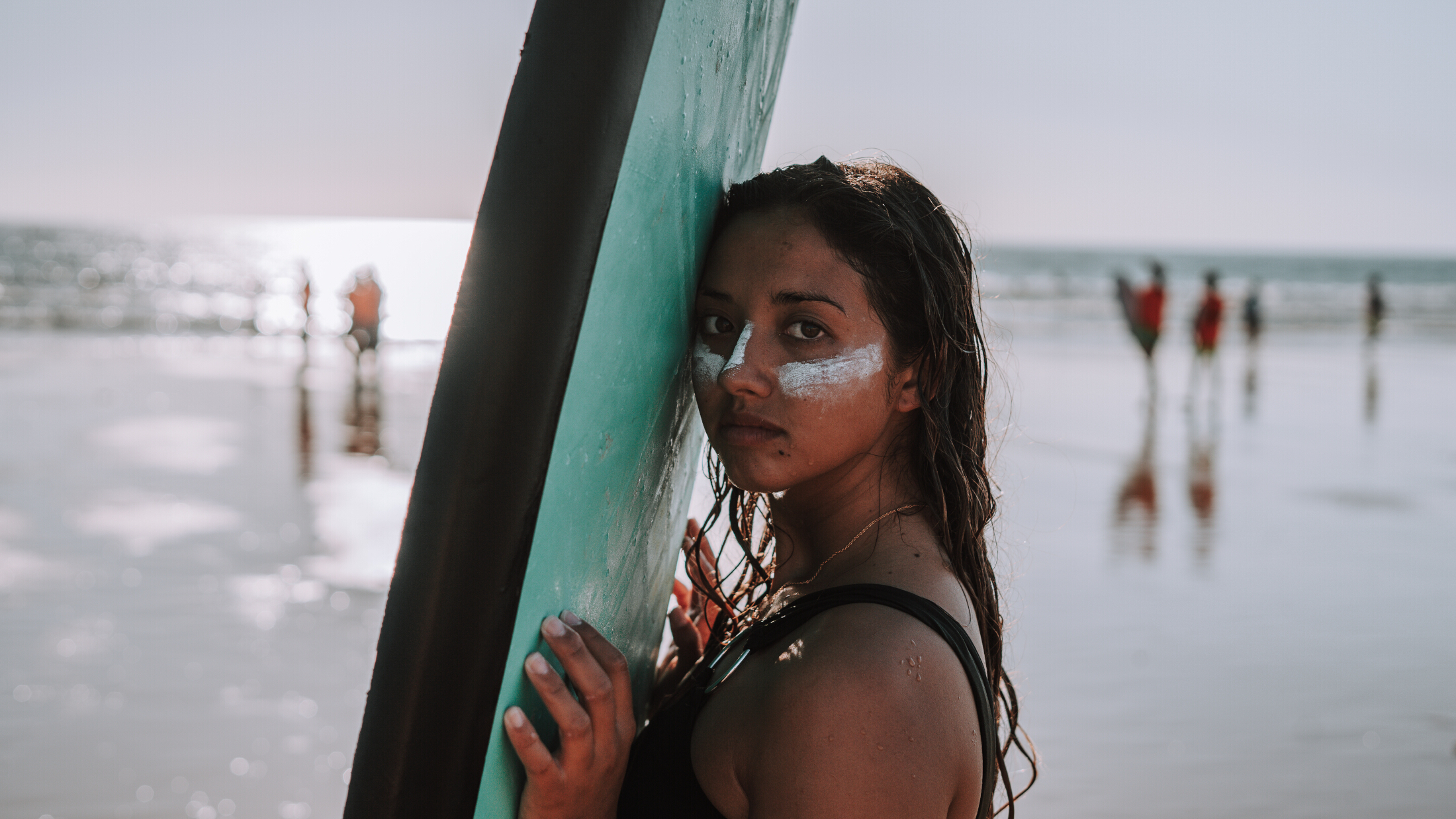 Surfer Girl Sunscreen Face Serious Beach Adobe Stock 389764371