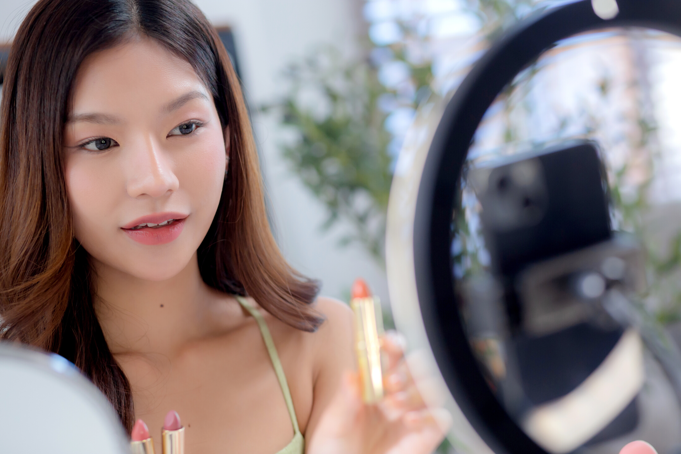 Beautiful Asian Woman Influencer Ring Light Makeup Adobe Stock 1693517146