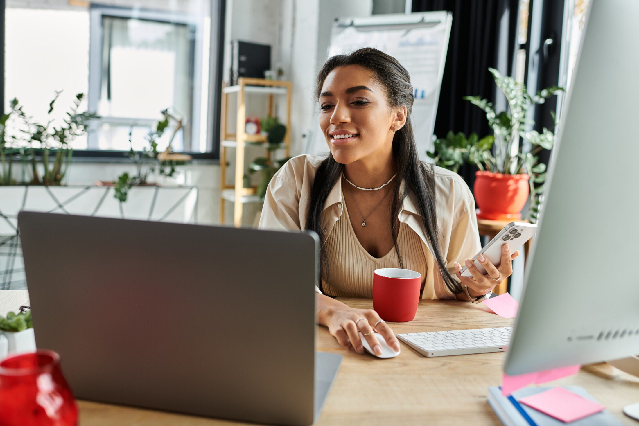 Woman Researching Desktop Office Smartphone Smiling Adobe Stock 1058767173