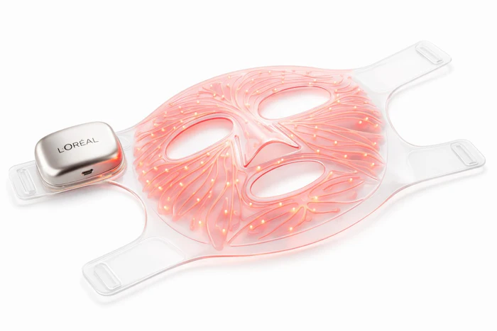 The mask delivers red light (630 nm) and near-infrared light (830 nm) through an integrated, skin-safe microcircuit.