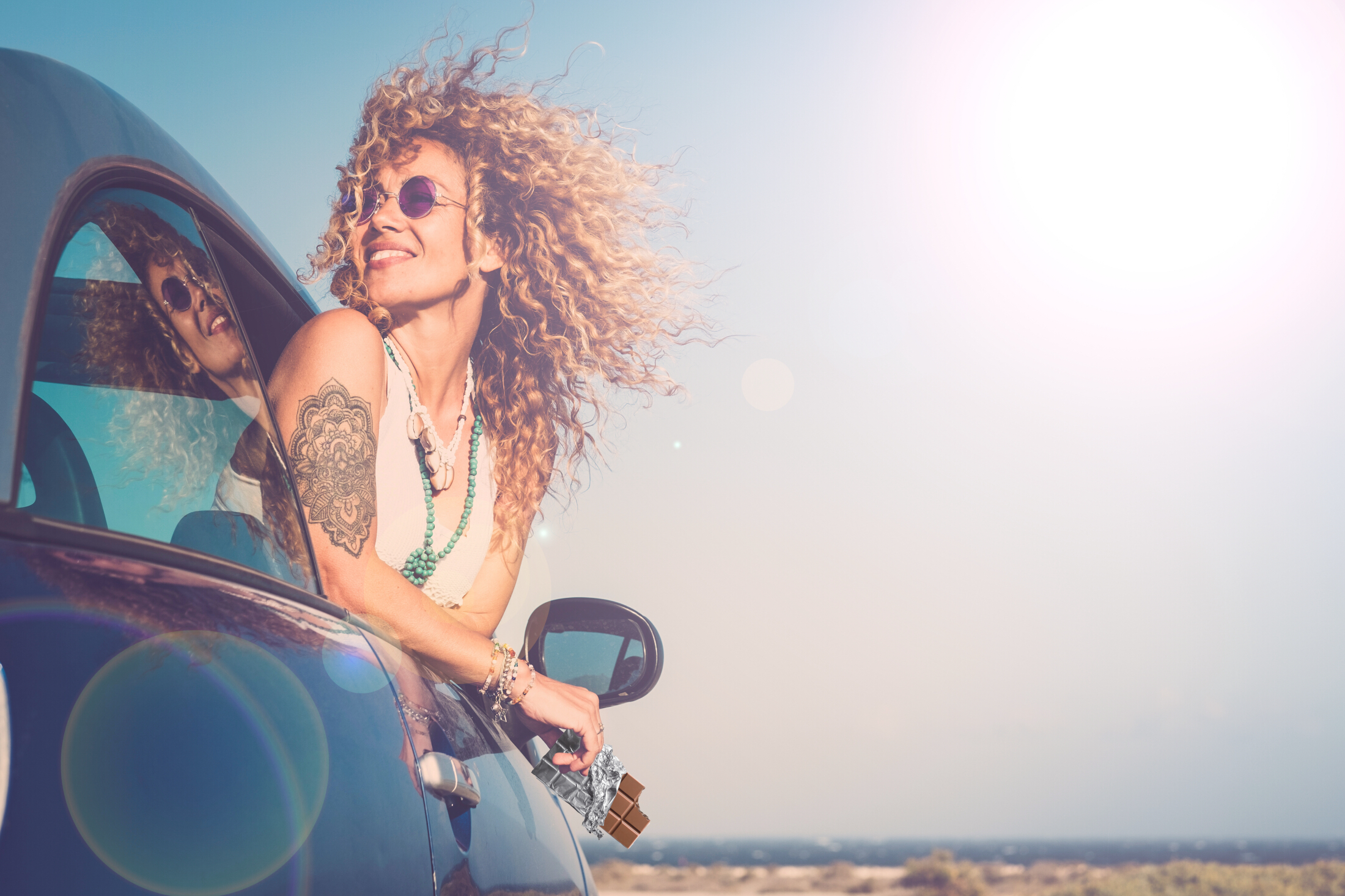 Woman Curly Hair Riding In Car Hanging Out Window Sunglasses And Sunlight Adobe Stock 366509764