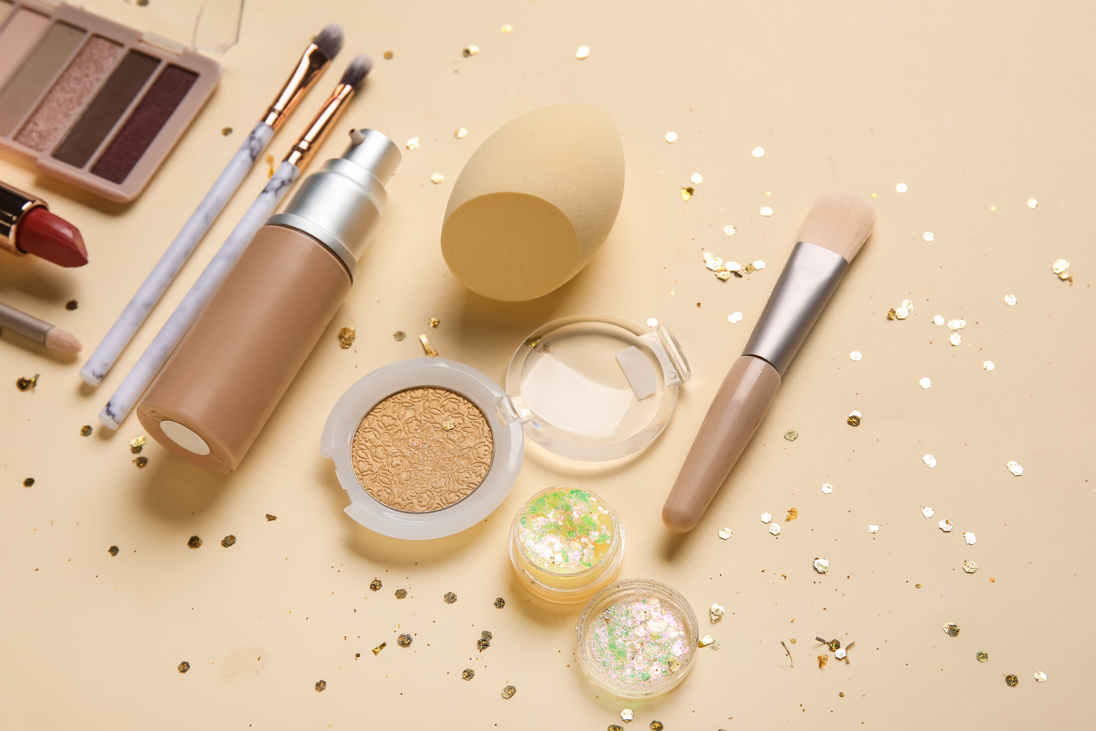 Beige Makeup Laid Out Star Glitter Adobe Stock 1803097589