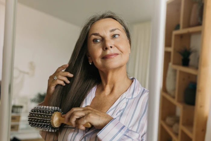 Mature Woman Looking At Her Hair Color Brushing Smirking Adobe Stock 472072971