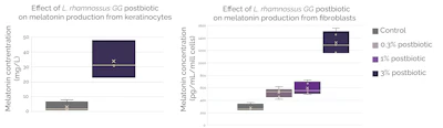 Figure 4 - Melatonin production in fibroblasts (left) and keratinocytes (right) treated with L. rhamnosus GG postbiotic.