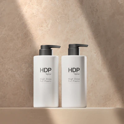 Aptar’s HDP all-plastic, high-dose dispensing pump features the market's shortest stack height at 15 mm, designed to maximize retail shelf presence while maintaining a 3.5 cc output for high-viscosity formulas.