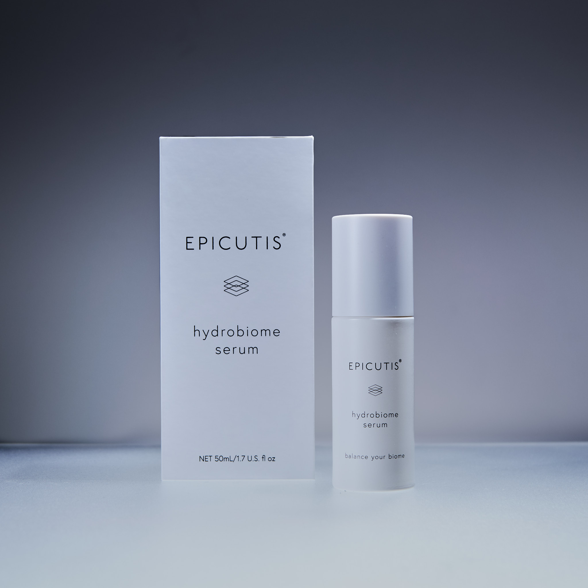 Epicutis Hydrobiome Serum product packaging and bottle on white surface