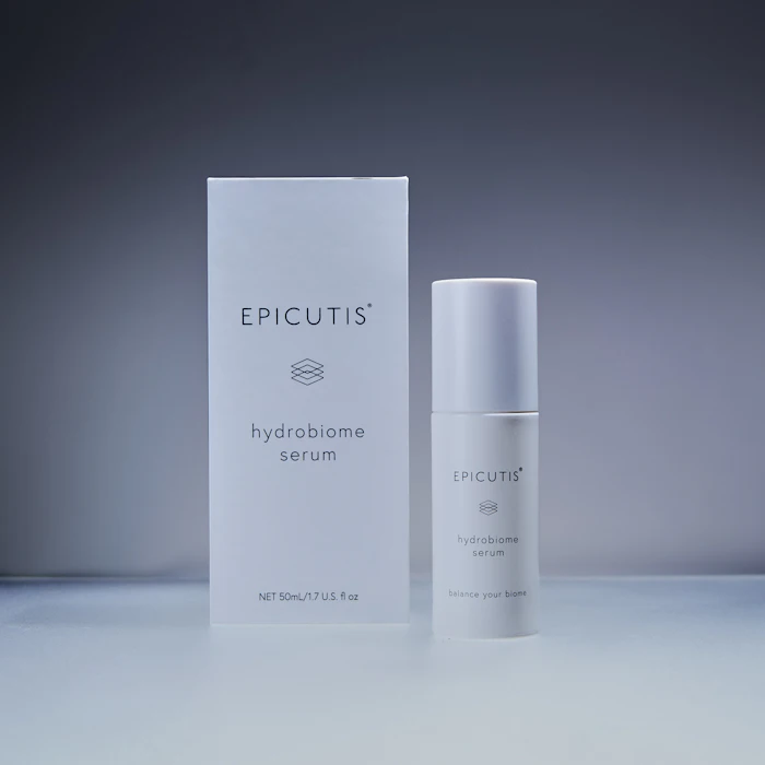 Epicutis Hydrobiome Serum product packaging and bottle on white surface