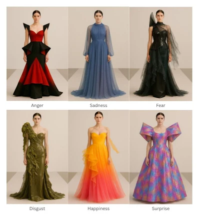 Figure 4 - Fashion images created with AI as stimuli for the six basic emotions