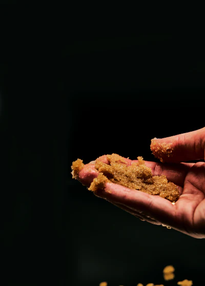 Hand holding wet sand or granular material against dark background