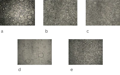 Figure 6 - O/A cream dispersions, a) with 0.5% glucomannan, b) with 0.5% Sphingomonas ferment extract, c) 1% hydroxypropyl starch phosphate, d) 0.5% sclerotium gum, e) at time of preparation (t=0).
