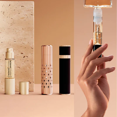 Aptar's Nomad Refill highlights how the user experience is being streamlined, enabling consumers to refill a 10 ml travel spray directly from a full-size bottle in under five seconds.