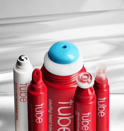 Tube options in the collection include a Cooling Head Tube (80 ml), Tube with Lip Applicator (10 ml), Tube with Lip Applicator (5 ml) and Click 2-in-1 Tube Roller & Slanted Lip (10 ml x 2).
