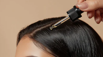 Hand applying hair serum with dropper to dark hair against neutral background