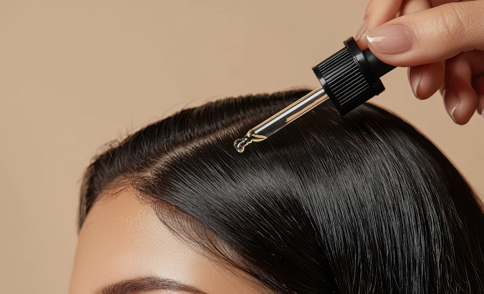 Hand applying hair serum with dropper to dark hair against neutral background
