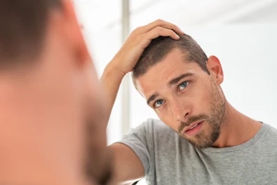 Man examining hair loss in mirror with concerned expression