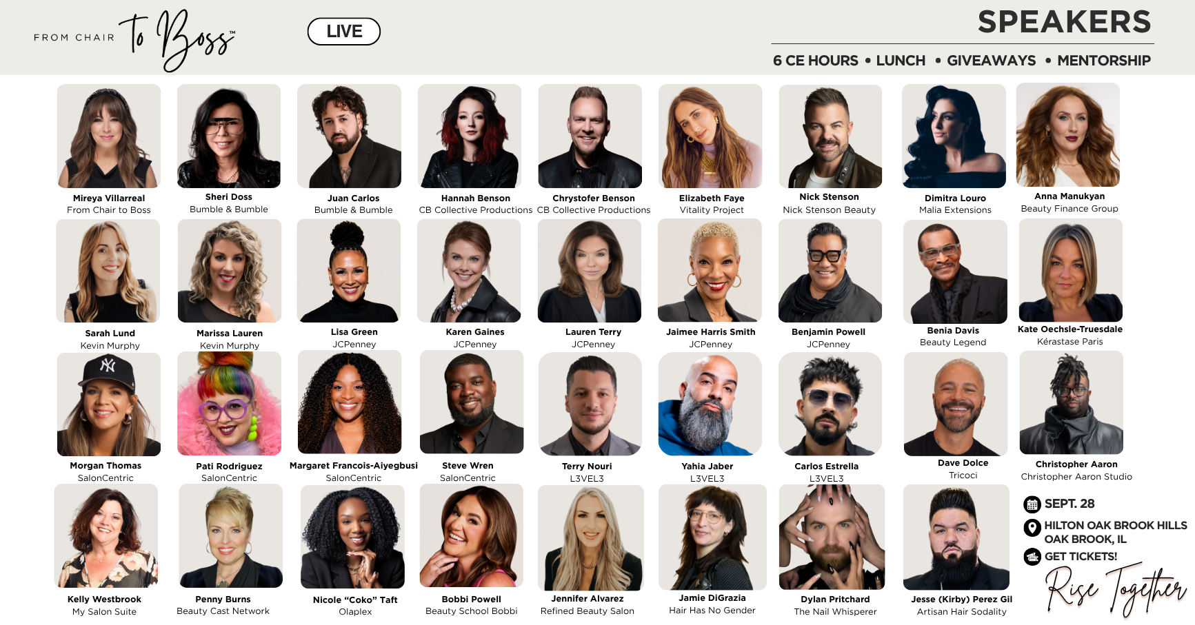 Speaker lineup grid for To Boss Live event featuring 36 professional headshots of diverse speakers arranged in rows with names and titles