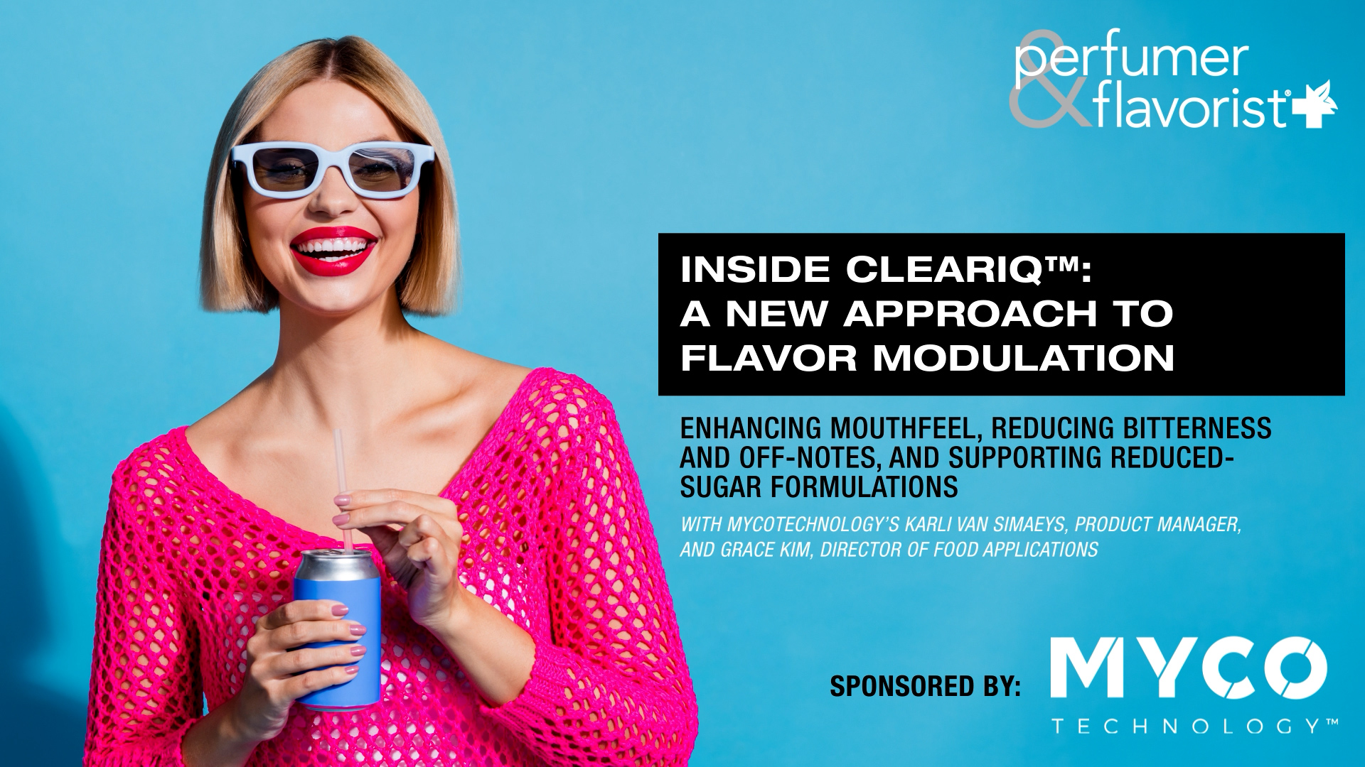Woman in pink holding blue product bottle promoting ClearIQ flavor modulation technology by MYCO Technology
