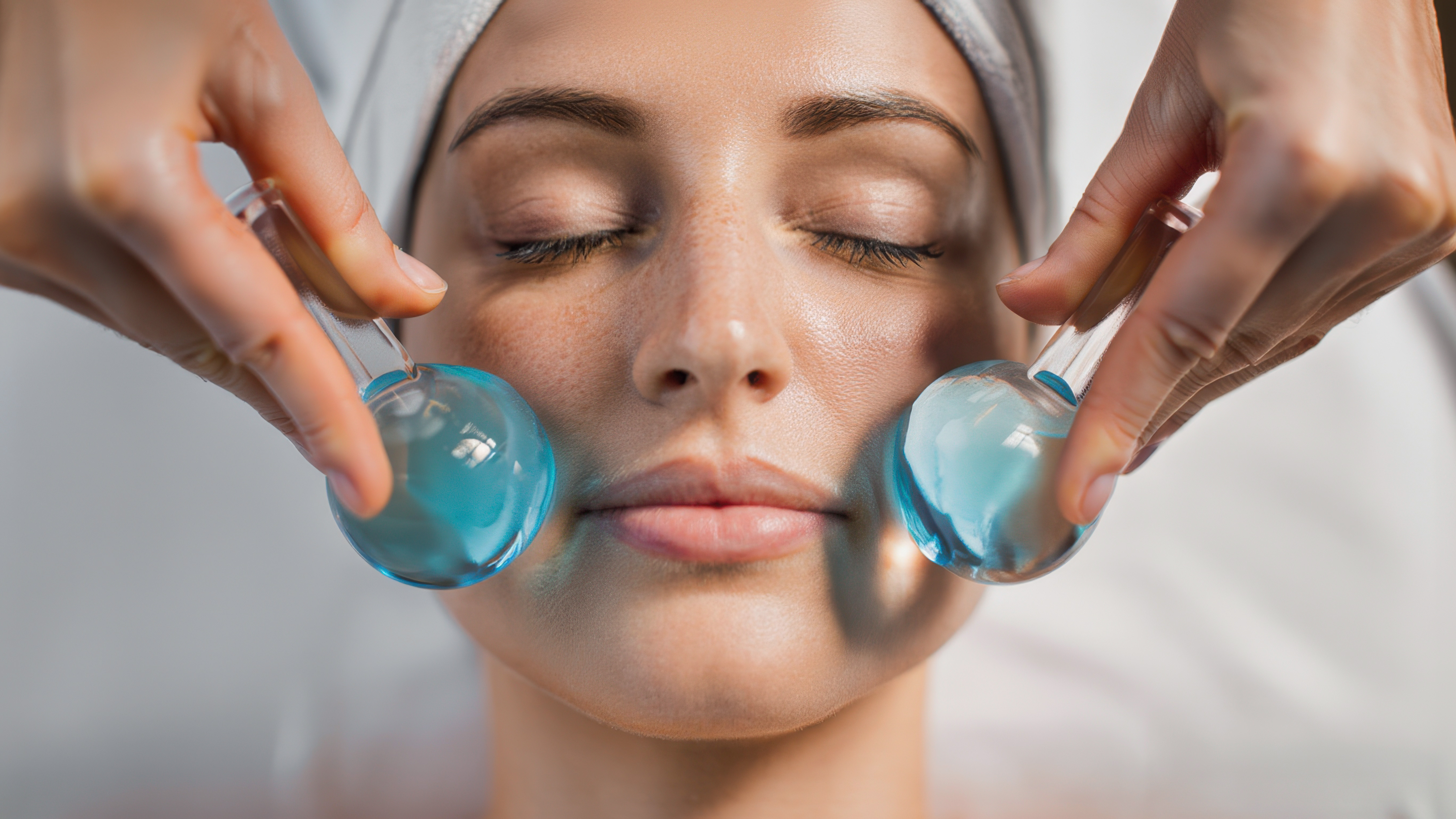Woman receiving facial spa treatment with blue cooling gel globes applied to cheeks