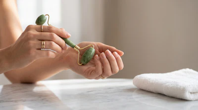 Woman using green jade roller on face for skincare massage with towel nearby