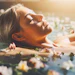 Woman relaxing in water with floating flower petals during golden hour sunlight