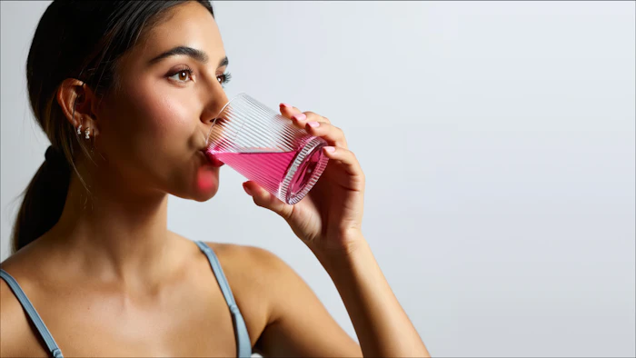 Young woman drinking pink beverage from striped cup against neutral background