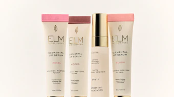 ELM Biosciences elemental lip serum collection featuring four tubes in petal, mocha, and blush variants with gold applicators