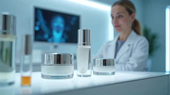 Skincare products with silver caps displayed in a professional laboratory setting with a scientist in background