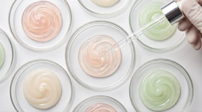 Assorted skincare creams and gels in glass dishes with dropper applicator on white background