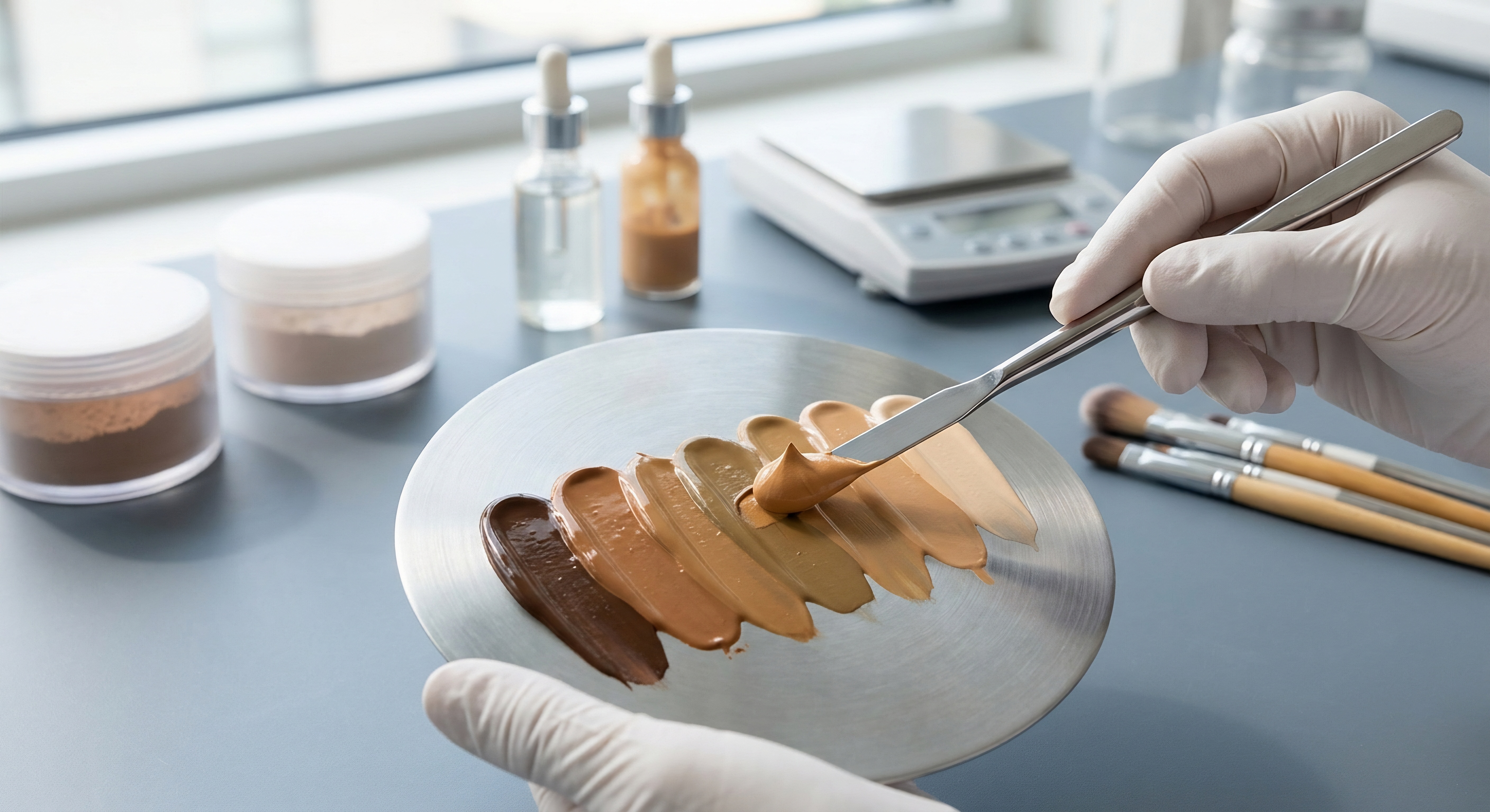 Laboratory technician testing foundation shades with graduated color samples on white palette